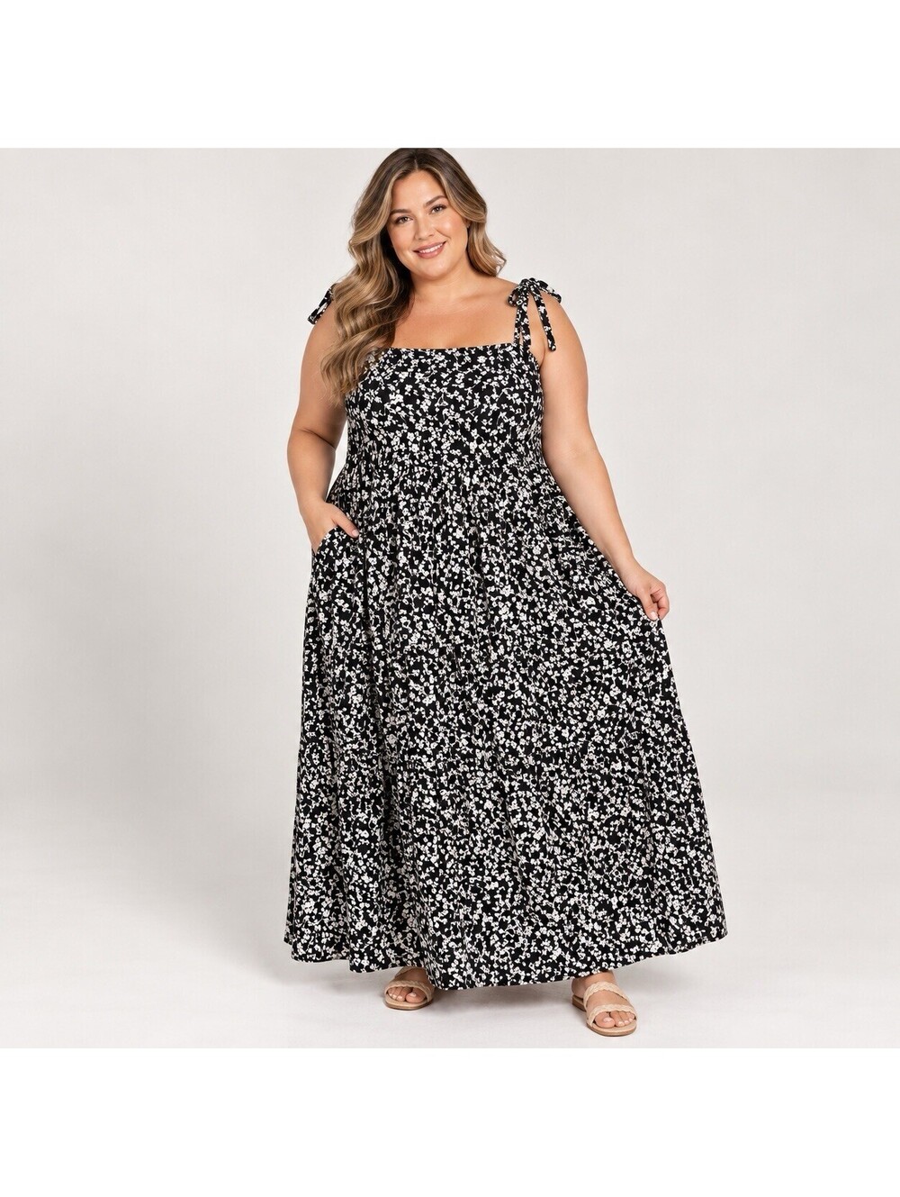 Old Navy Women’s 4X Black White Floral Maxi Dress Tie Strap Cottagecore Plus